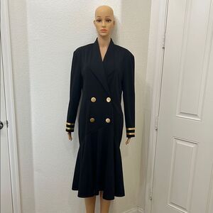 Caron Chic Black Double-Breasted Dress Size 12 V Neck Long Sleeve Gold Buttons
